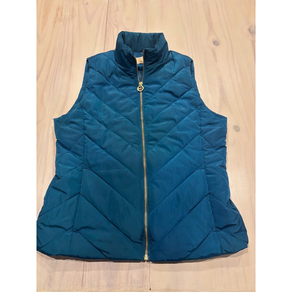 Michael Kors Womens Teal Chevron Quilted Puffer Vest Gold Zip QF520E7954 Small‎